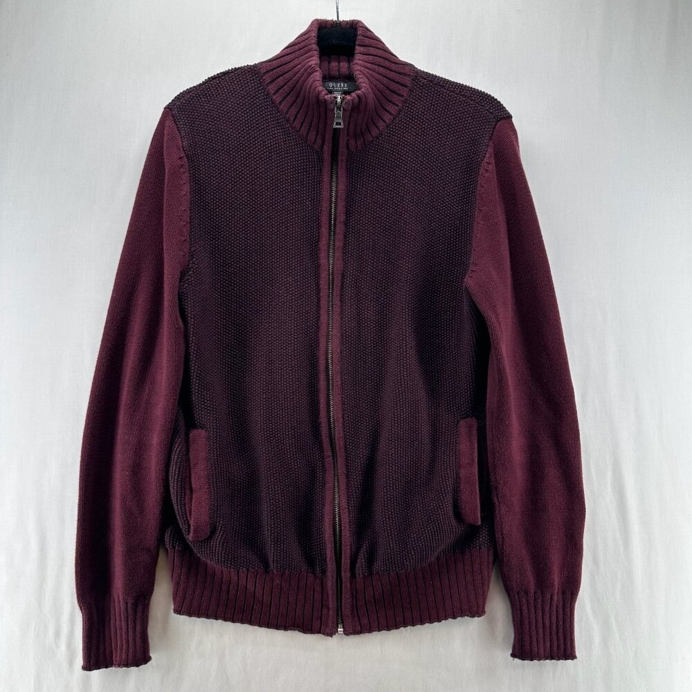 GUESS Cardigan Sweater Mens S Full Zip Mock Neck Cotton Knit Ribbed Trim Maroon